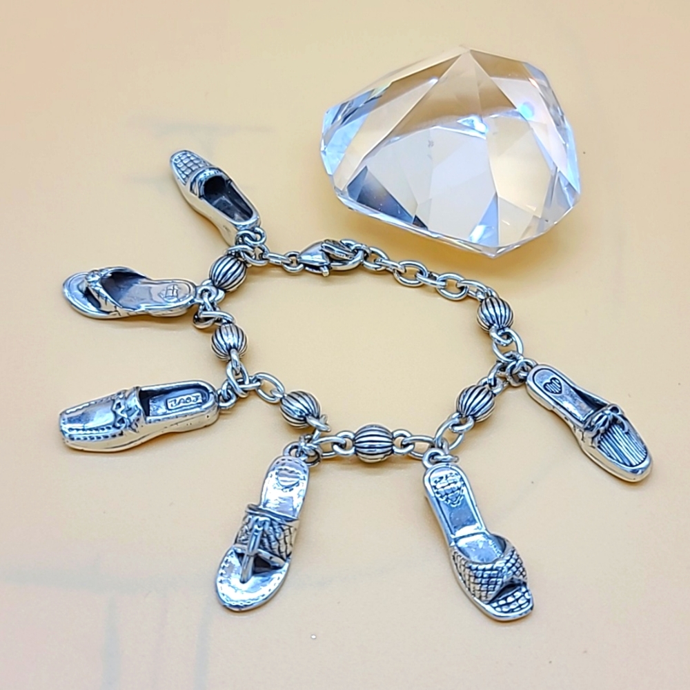 Brighton "SHOE LOVE" Detailed Silver Sandal, Slide, & Loafer 6-Charm Bracelet 👠